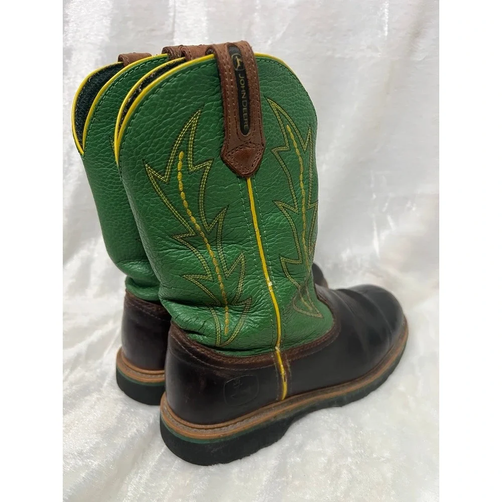 John Deere Western Boots Childrens 6.5M Brown Green Leather Cowboy Work Farmcore